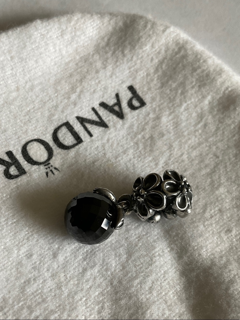Pandora Black Faceted Glass and Sterling Silver Floral Dangle